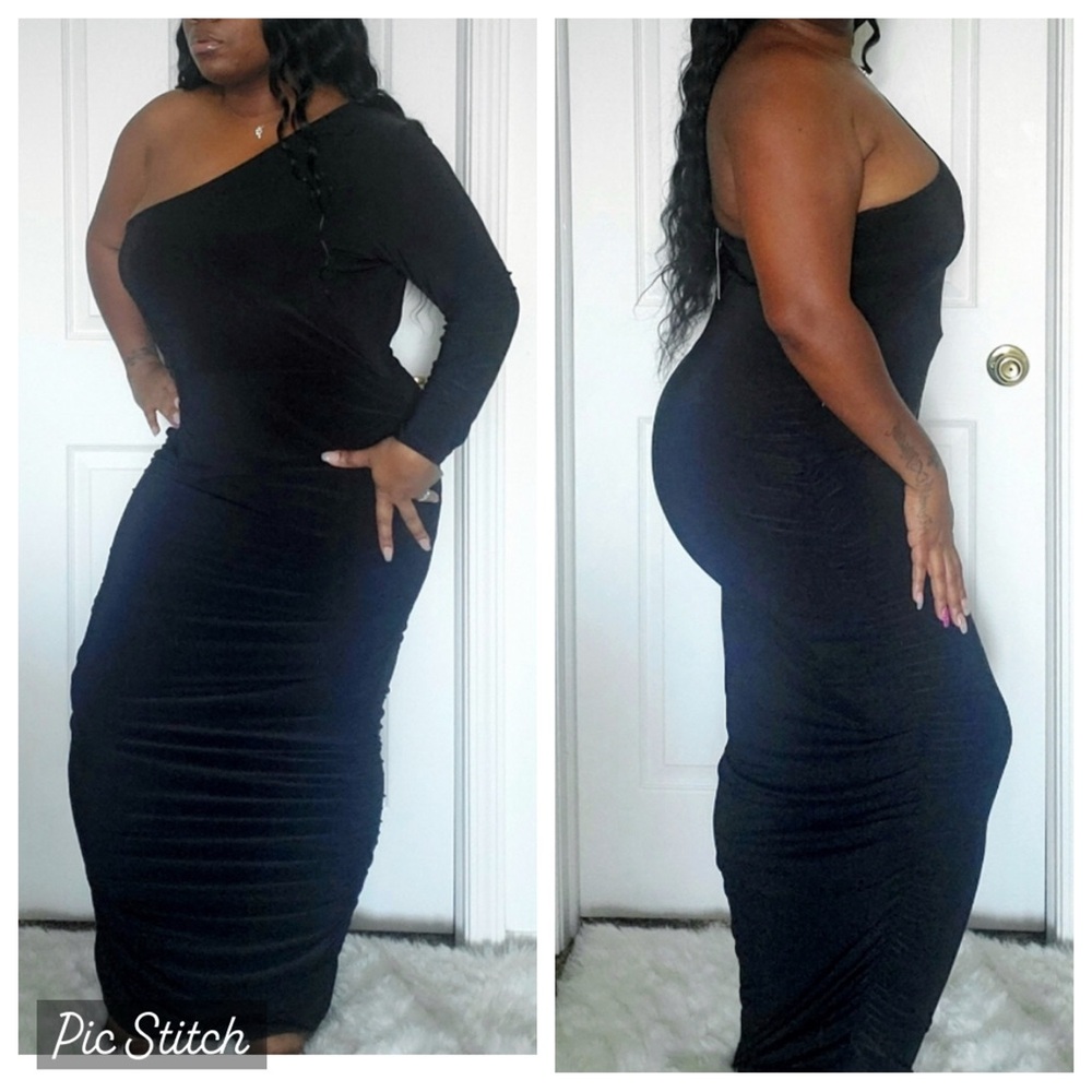 NWT Missguided One Shoulder Long Sleeve Bodycon Slinky Black Maxi Dress Size 20